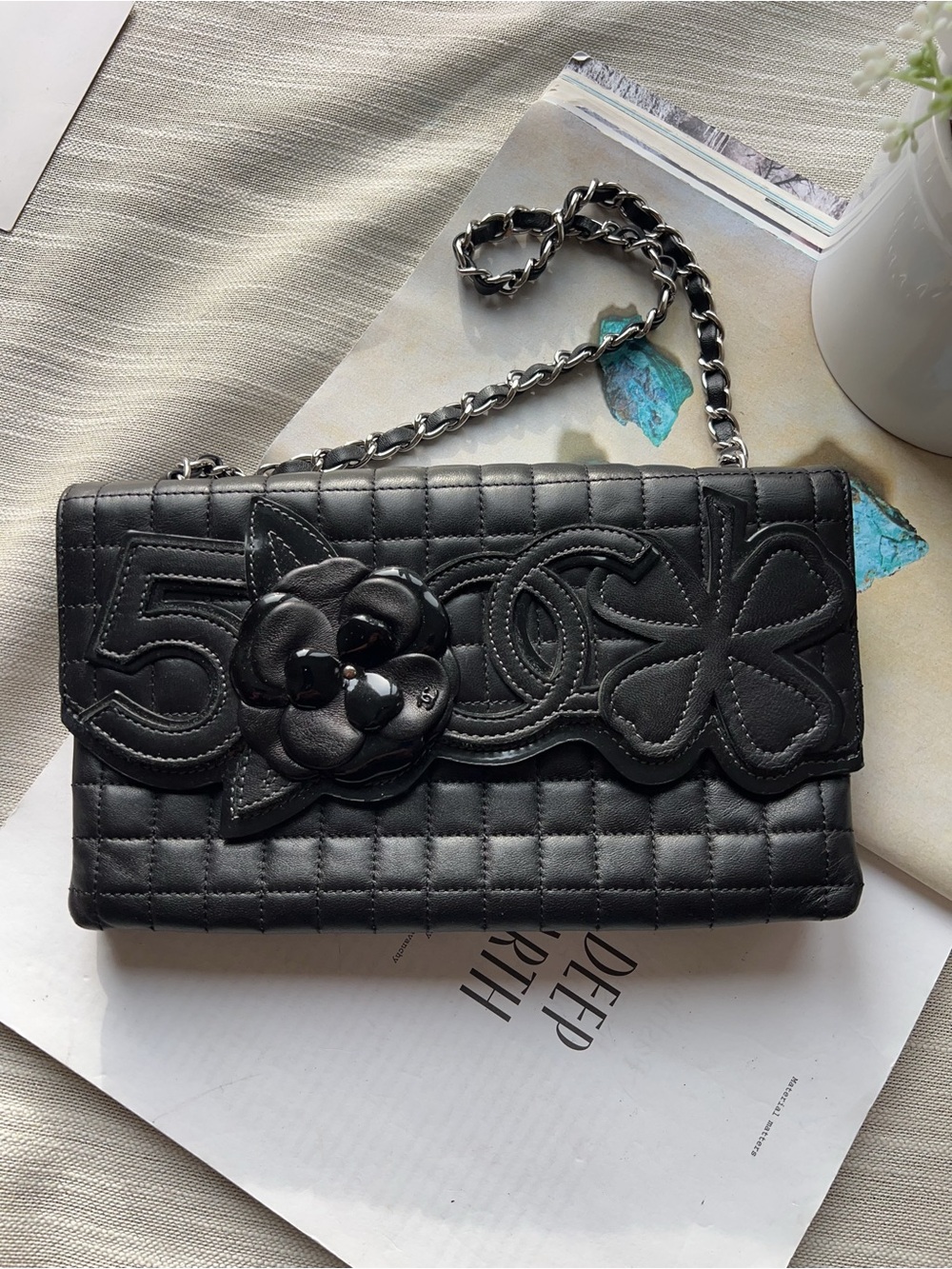 Chanel Black Square Quilted Patent & Leather Camellia No.5 Flap Bag